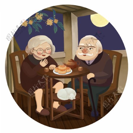原创手绘中秋佳节老人吃月饼桂花月饼元素