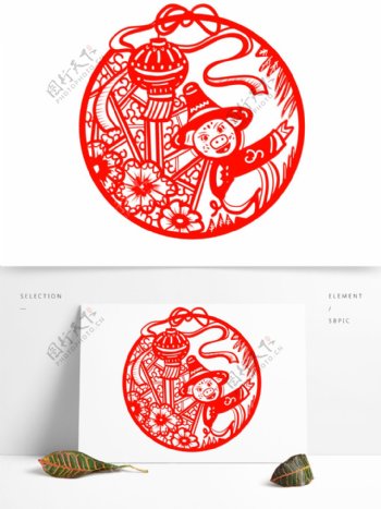 2019年生肖猪春节新年节日剪纸灯笼素材