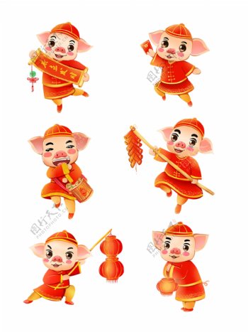 2019春节猪年吉祥物生肖猪可爱猪喜庆商用原创手绘插画ip形象元素