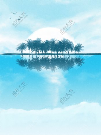 全原创手绘海边椰树林蓝天白云海报背景