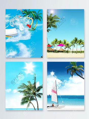海边椰子树风景沙滩轮船广告背景