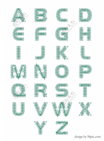 26英文大写字母绿色西式印花艺术字体