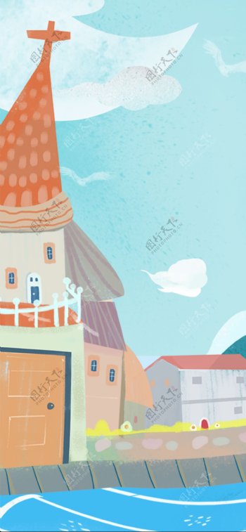 夏日旅游城堡背景插画psd设计
