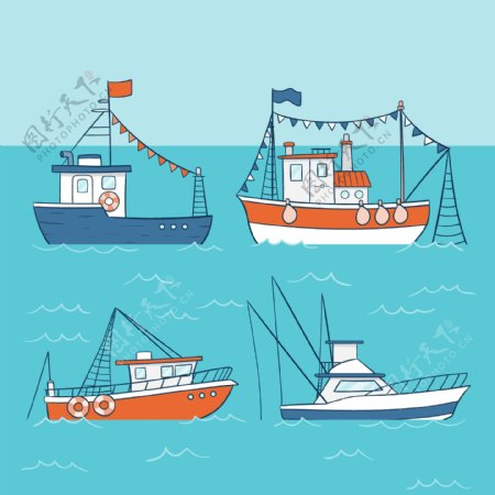 卡通大海上的轮船插画