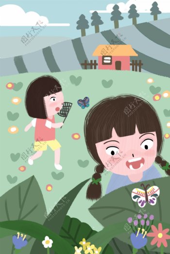 在草地上捕蝴蝶的女孩儿童节背景图