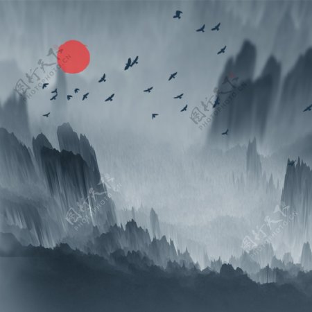新中式飞鸟意境水墨山水装饰画