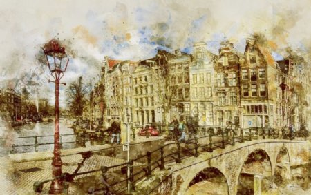 欧洲城市建筑桥梁风光绘画