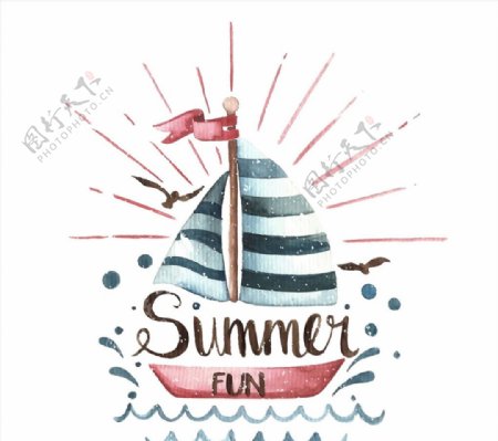 水彩绘夏季帆船艺术字矢量图