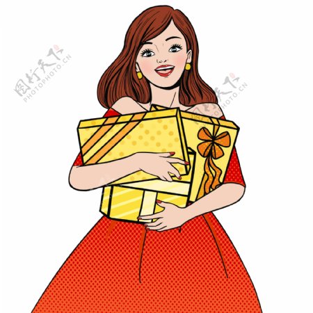 手绘波普风抱着一堆礼物的女生可商用元素