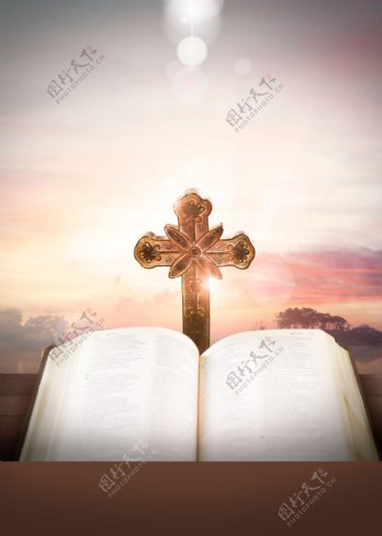 基督教十字架与书本海报背景素材