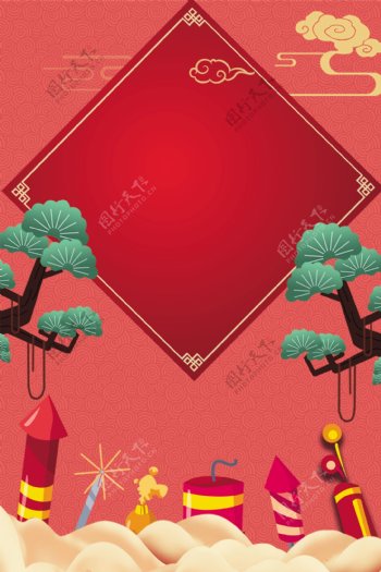 松树云纹红色猪年新年广告背景图