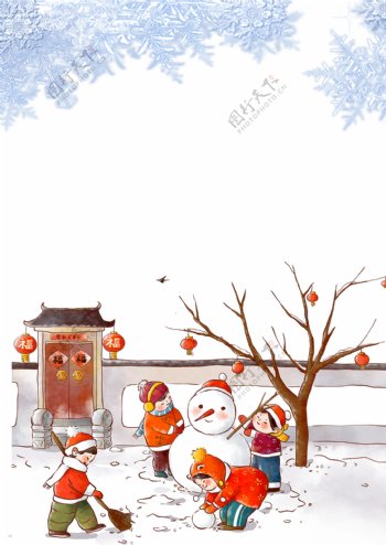 冬至雪地玩雪的儿童背景素材