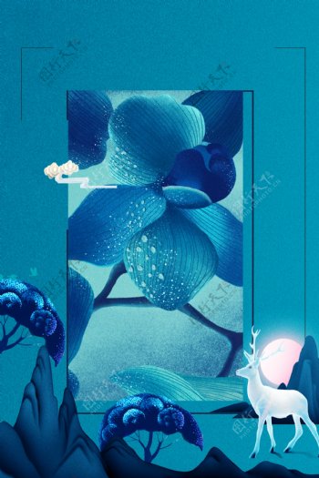 彩绘冬季蓝色麋鹿背景素材