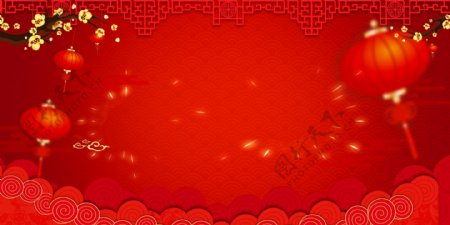 红色背景中国风梅花花枝灯笼背景素材