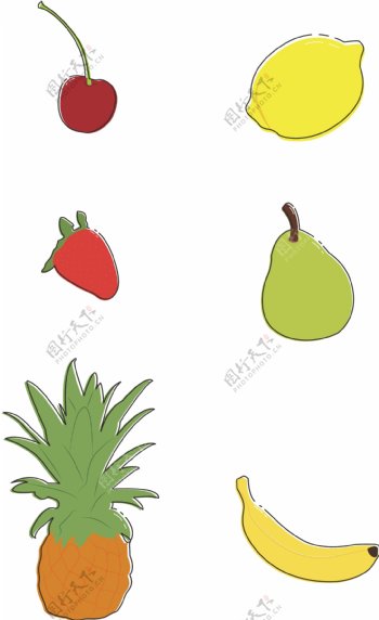 红黄绿柠檬香蕉樱桃菠萝草莓梨简约水果套图