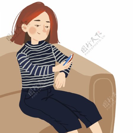 卡通手绘坐在沙发上玩手机的女孩