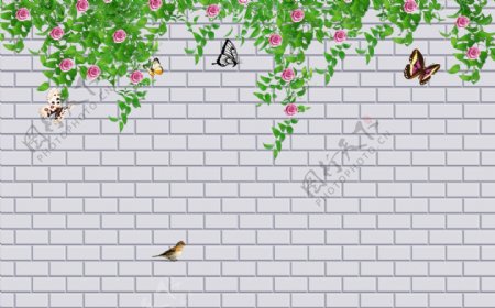 砖纹花鸟背景墙