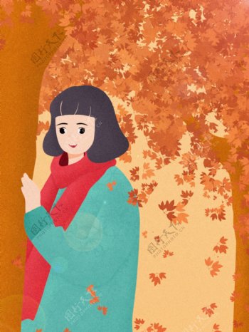 彩绘枫树林女孩背景设计