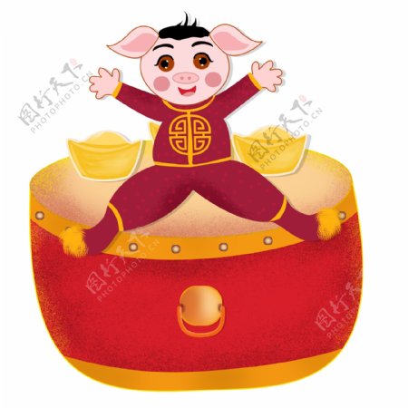 传统中国风春节坐在花鼓上的卡通猪