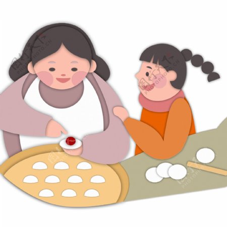 冬季包饺子的母女俩纸片风人物设计
