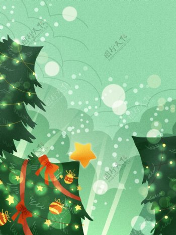 手绘圣诞树雪景绿色背景素材