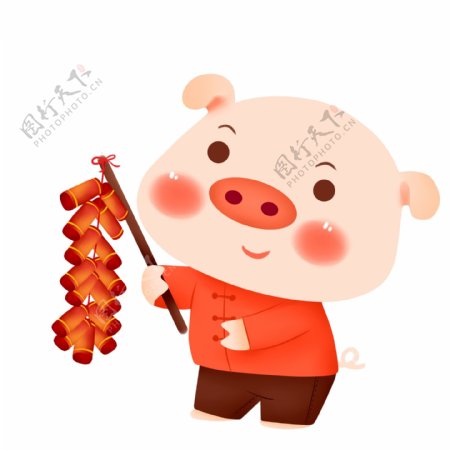中国风喜庆玩鞭炮的卡通猪