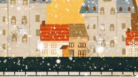 手绘冬天里的城市背景素材