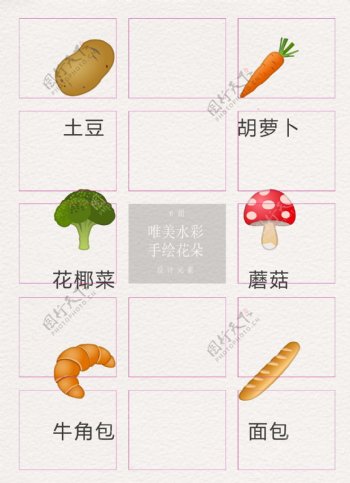 6组食物蔬菜面包元素卡通设计