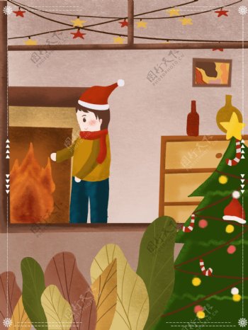 手绘圣诞节男孩取暖背景素材