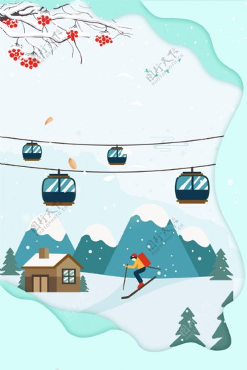剪纸风冬季滑雪缆车背景素材