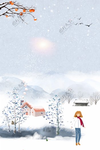 彩绘冬季雪地女孩展板