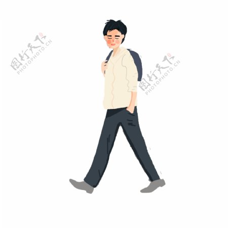 卡通背着书包走路的青少年