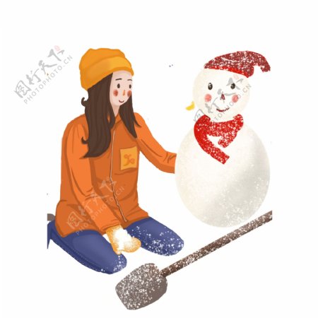 清新唯美冬季大雪中铲雪堆雪人的女孩