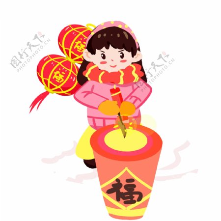 春节传统习俗放鞭炮手绘插画