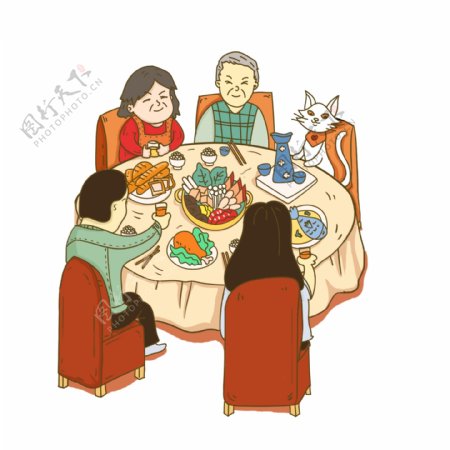 卡通手绘春节家人围在一起吃火锅