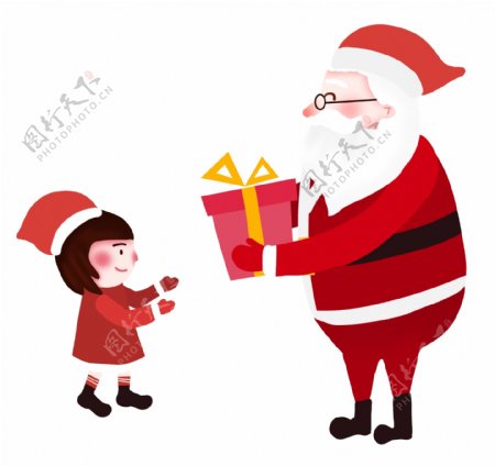 圣诞节卡通手绘送礼物的圣诞老人和小孩