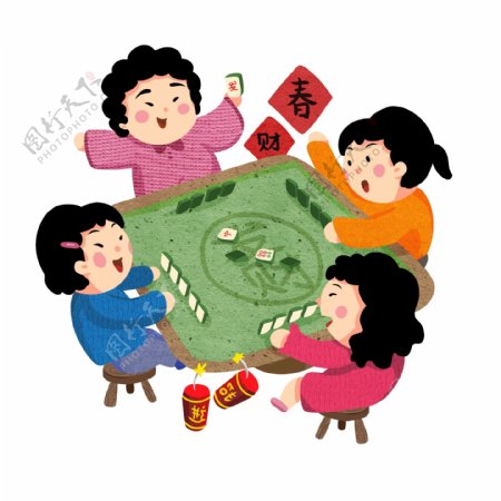 新年手绘一家人打麻將