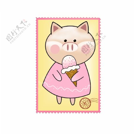 快乐小猪邮票手绘素材