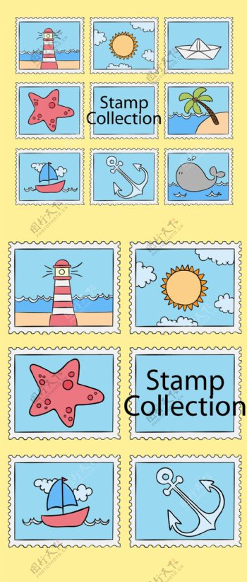 彩绘航海元素邮票矢量素材
