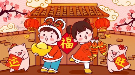2019新年贺图猪年快乐潮漫卡通插画