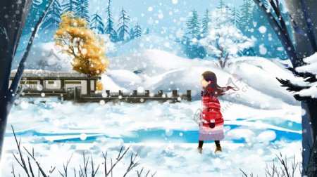 清新初雪冬季唯美风景大雪小雪节气插画