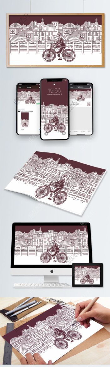 复古主题单色线条骑单车插画