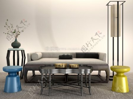 3d渲染现代简约中式沙发