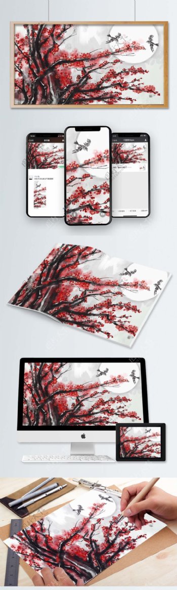 中国风梅树冬季梅花复古水墨腊梅红梅插画