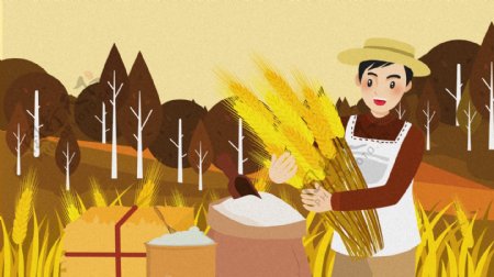 卡通世界粮食日秋天丰收农民麦田插画