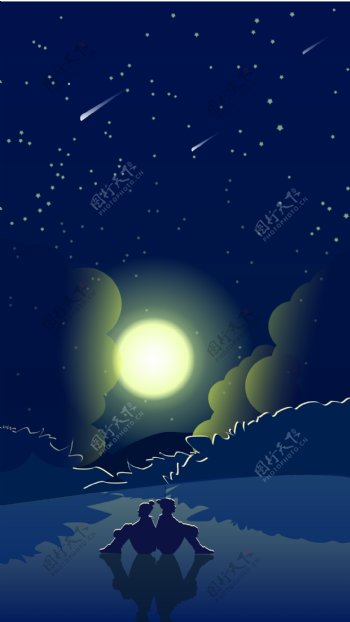 夜晚月亮下情侣插画