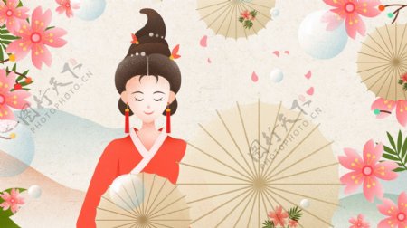 古典中国风古装女孩油纸伞唯美手绘插画