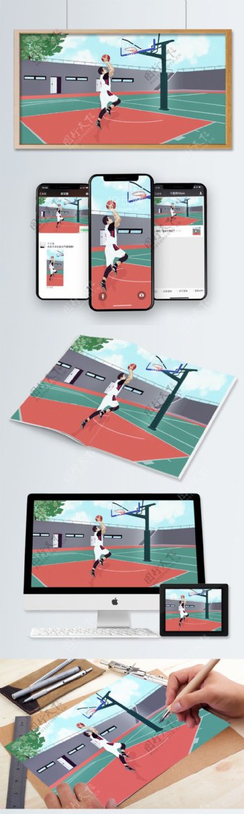 原创手绘运动健身系列之我爱篮球插画海报