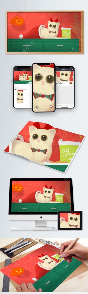 萌宠猫咪插画素材圣诞节元素素材壁纸cat