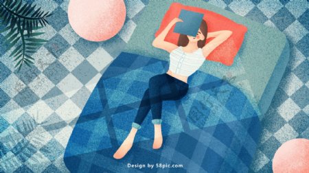 清新唯美躺在床上看书的女孩原创插画海报